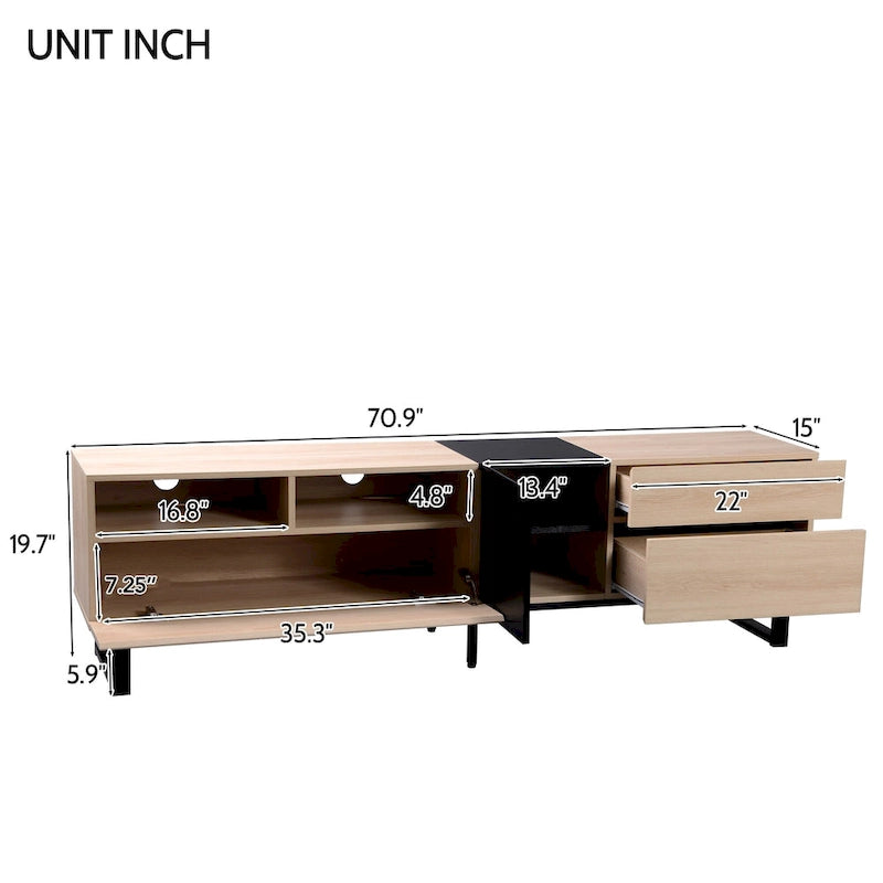 Meuble TV de 180 cm avec porte abattante, tiroirs et étagères ouvertes