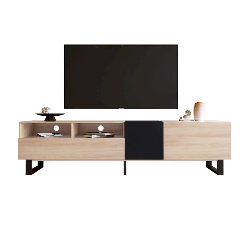 Meuble TV de 180 cm avec porte abattante, tiroirs et étagères ouvertes