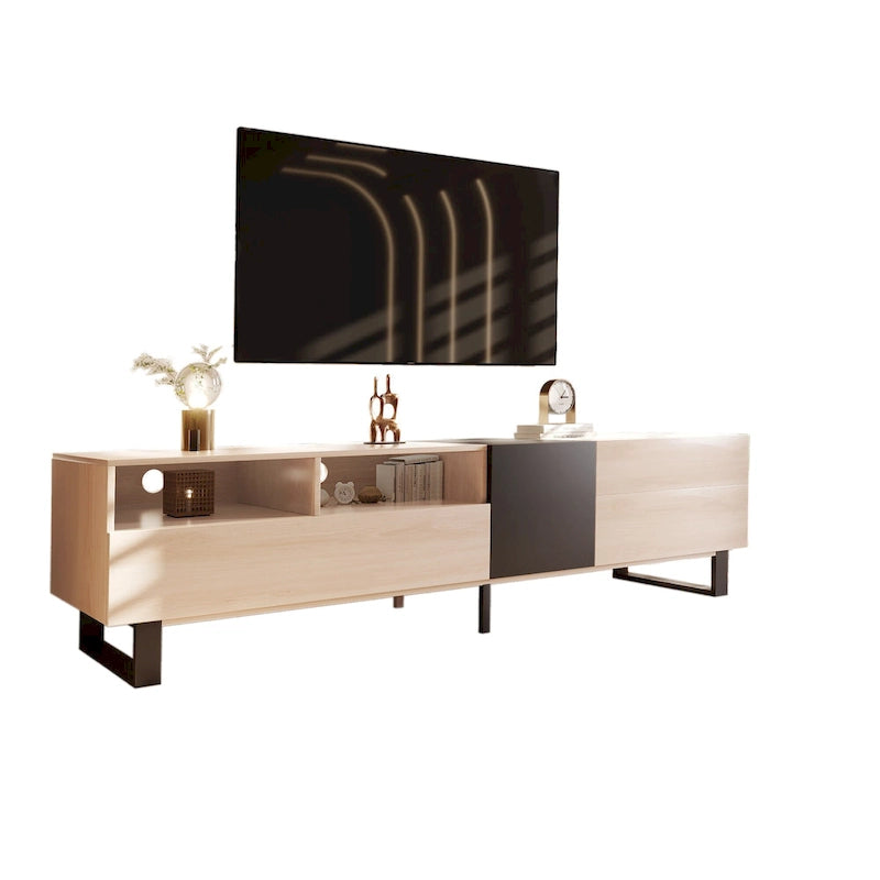 Meuble TV de 180 cm avec porte abattante, tiroirs et étagères ouvertes