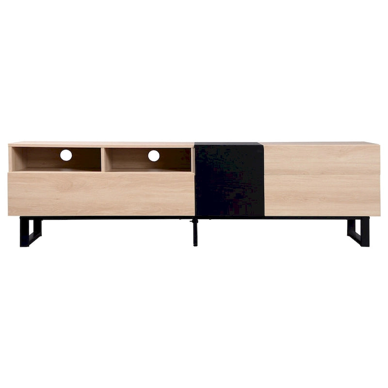 Meuble TV de 180 cm avec porte abattante, tiroirs et étagères ouvertes