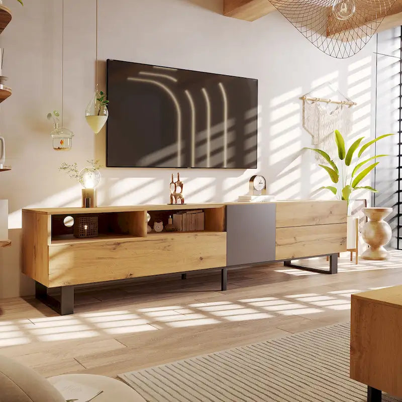 Meuble TV de 180 cm avec porte abattante, tiroirs et étagères ouvertes