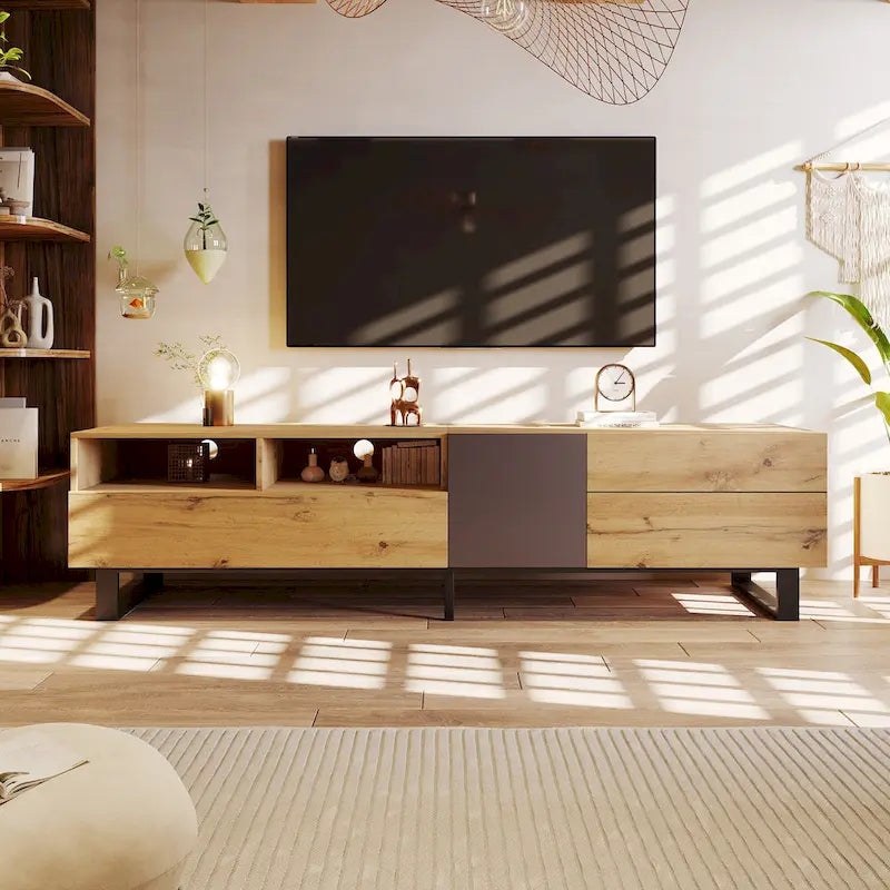 Meuble TV de 180 cm avec porte abattante, tiroirs et étagères ouvertes