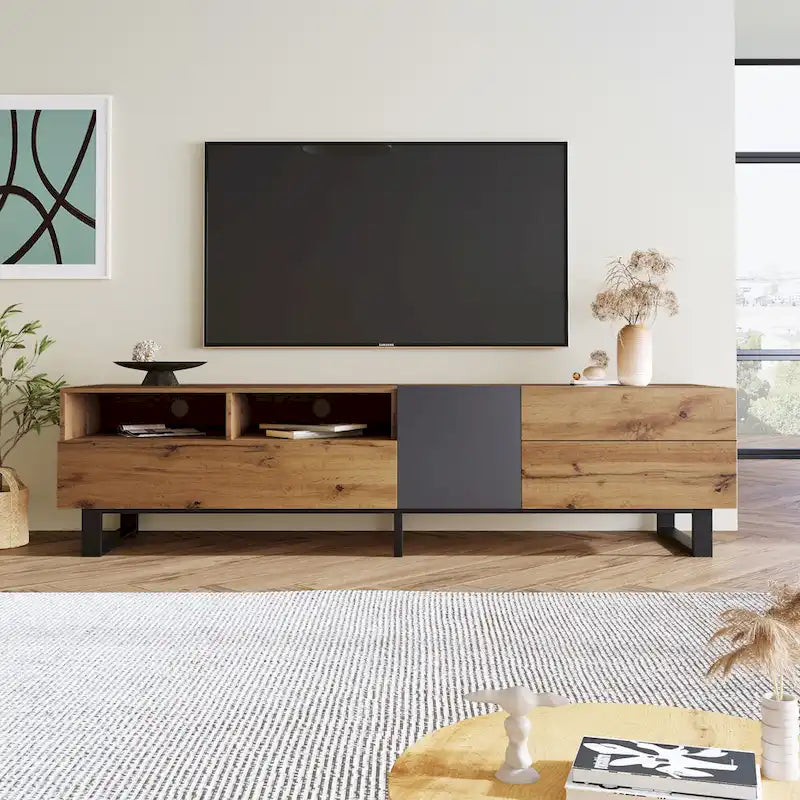 Meuble TV de 180 cm avec porte abattante, tiroirs et étagères ouvertes