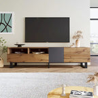 Meuble TV de 180 cm avec porte abattante, tiroirs et étagères ouvertes