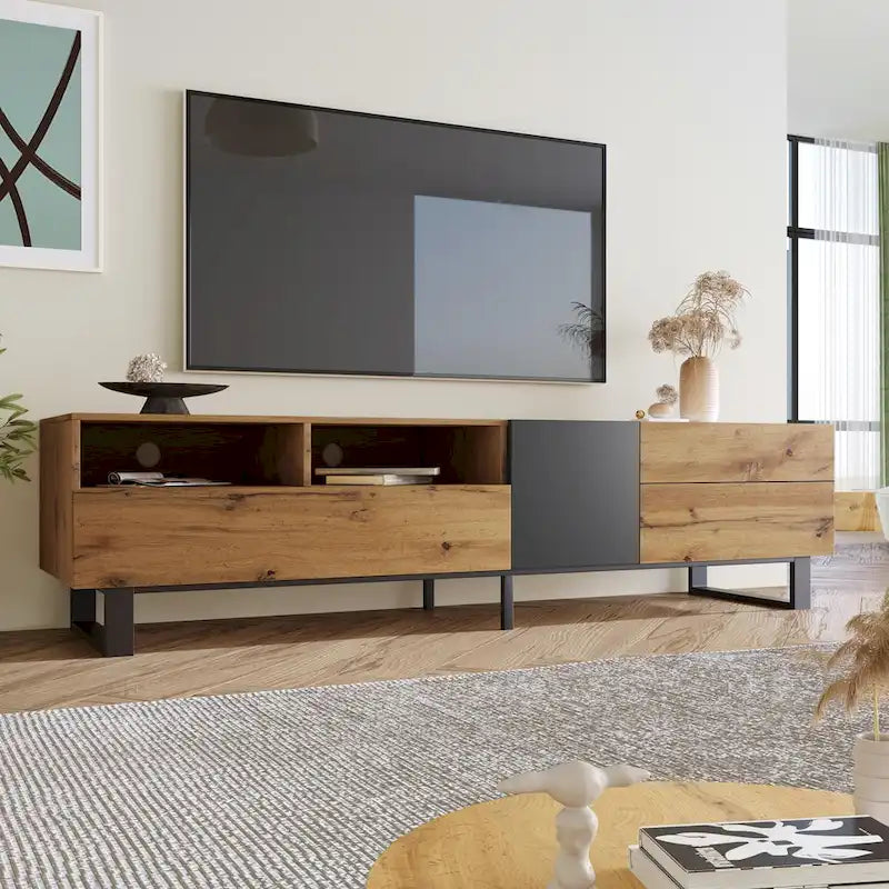 Meuble TV de 180 cm avec porte abattante, tiroirs et étagères ouvertes