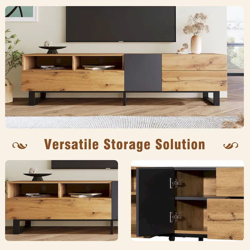 Meuble TV de 180 cm avec porte abattante, tiroirs et étagères ouvertes