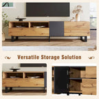 Meuble TV de 180 cm avec porte abattante, tiroirs et étagères ouvertes