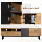 Meuble TV de 180 cm avec porte abattante, tiroirs et étagères ouvertes