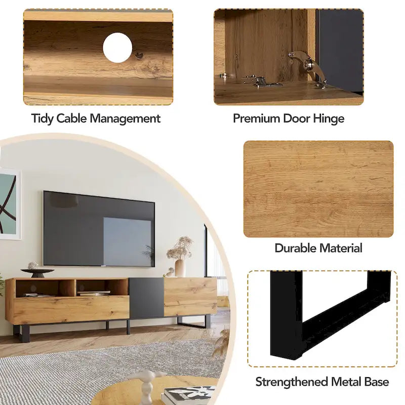 Meuble TV de 180 cm avec porte abattante, tiroirs et étagères ouvertes
