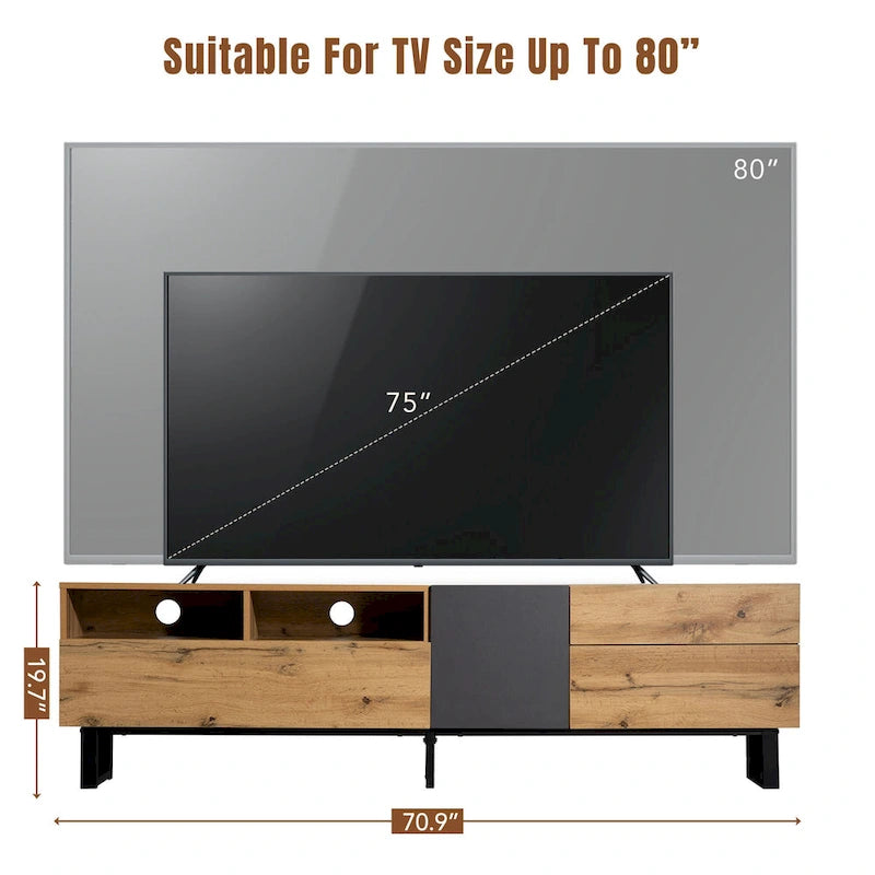Meuble TV de 180 cm avec porte abattante, tiroirs et étagères ouvertes