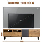Meuble TV de 180 cm avec porte abattante, tiroirs et étagères ouvertes