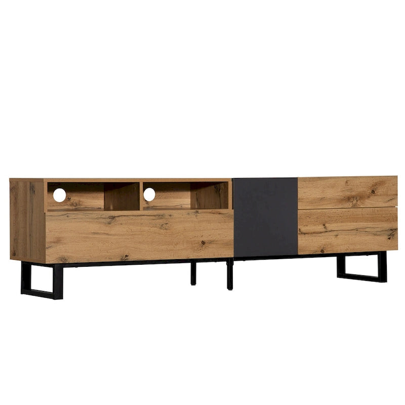 Meuble TV de 180 cm avec porte abattante, tiroirs et étagères ouvertes