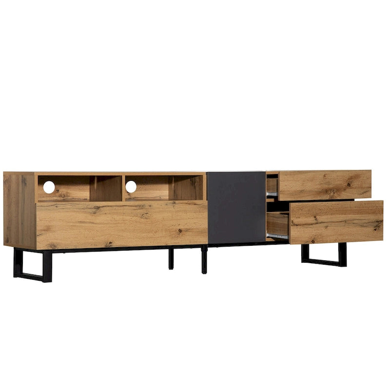 Meuble TV de 180 cm avec porte abattante, tiroirs et étagères ouvertes