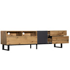 Meuble TV de 180 cm avec porte abattante, tiroirs et étagères ouvertes