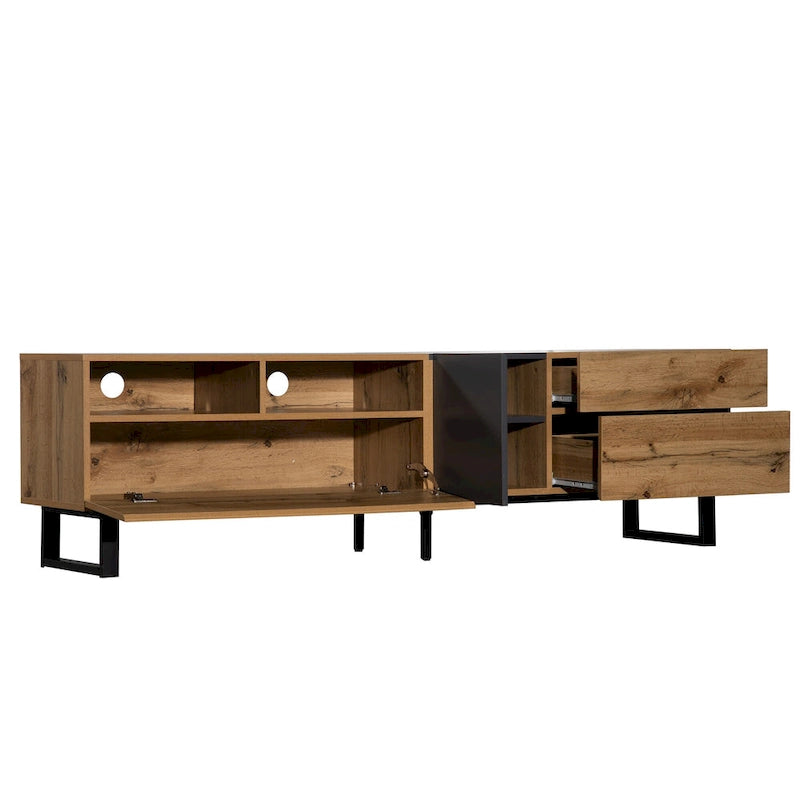 Meuble TV de 180 cm avec porte abattante, tiroirs et étagères ouvertes