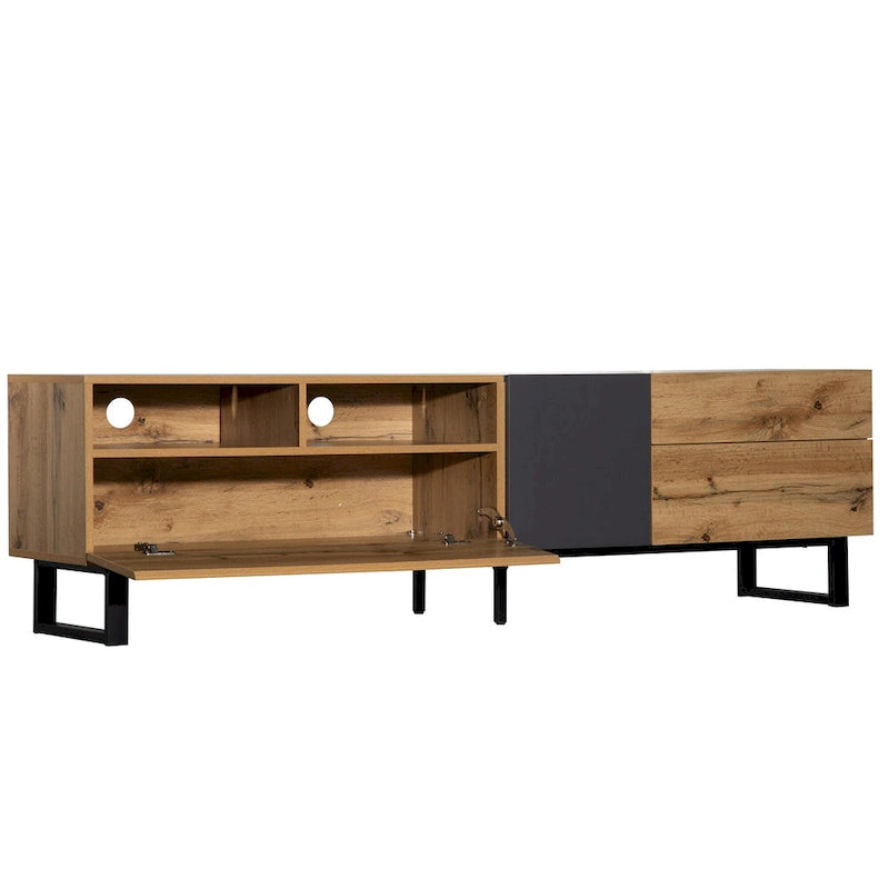 Meuble TV de 180 cm avec porte abattante, tiroirs et étagères ouvertes