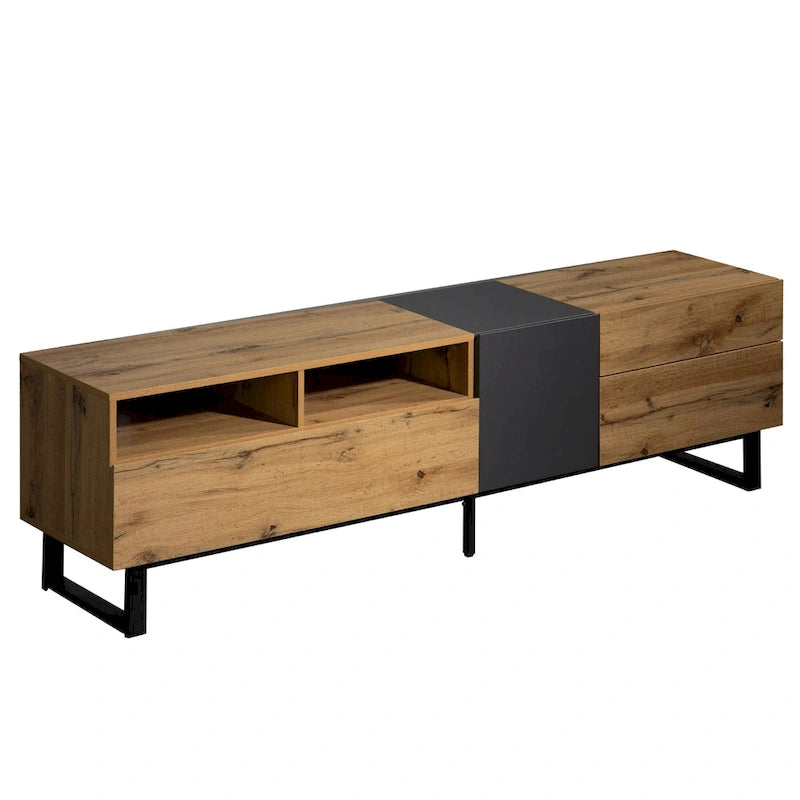 Meuble TV de 180 cm avec porte abattante, tiroirs et étagères ouvertes