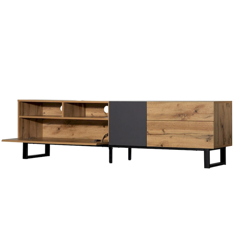 Meuble TV de 180 cm avec porte abattante, tiroirs et étagères ouvertes