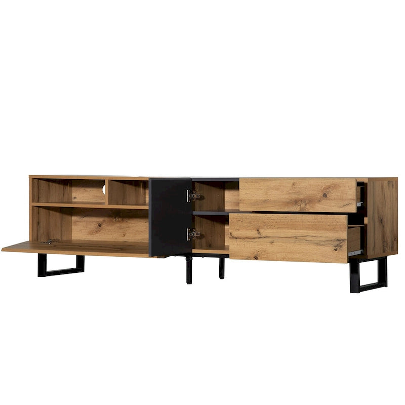 Meuble TV de 180 cm avec porte abattante, tiroirs et étagères ouvertes