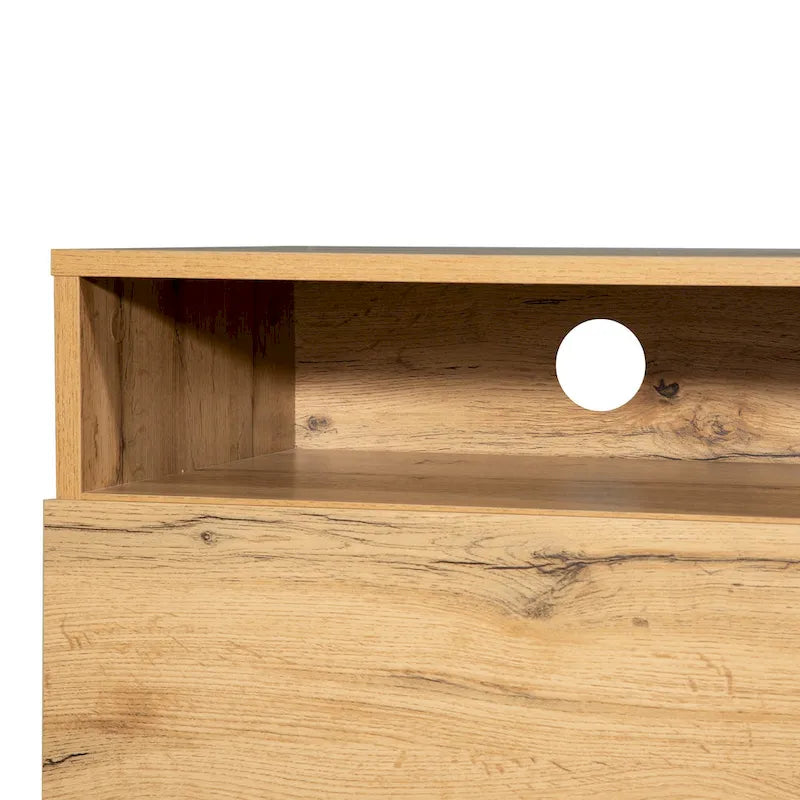 Meuble TV de 180 cm avec porte abattante, tiroirs et étagères ouvertes
