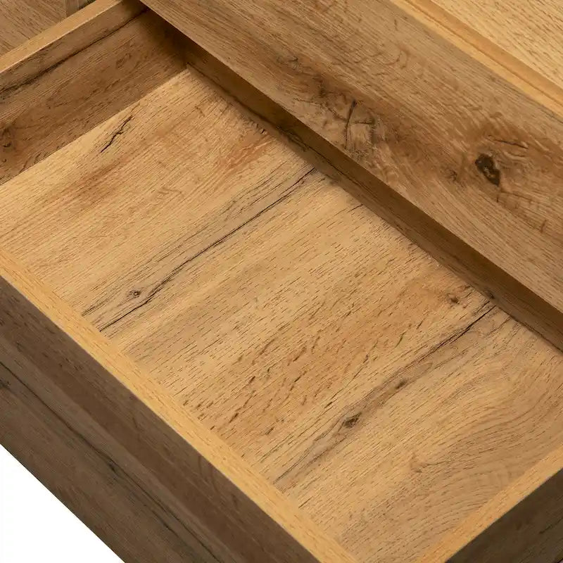 Meuble TV de 180 cm avec porte abattante, tiroirs et étagères ouvertes