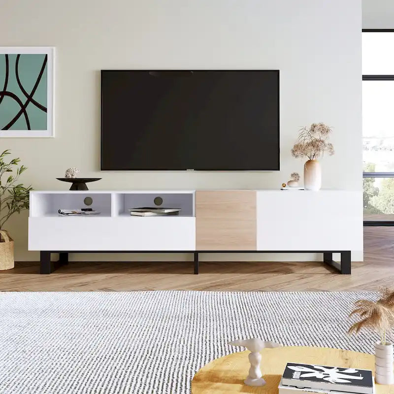 Meuble TV de 180 cm avec porte abattante, tiroirs et étagères ouvertes