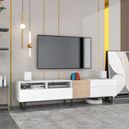 Meuble TV de 180 cm avec porte abattante, tiroirs et étagères ouvertes