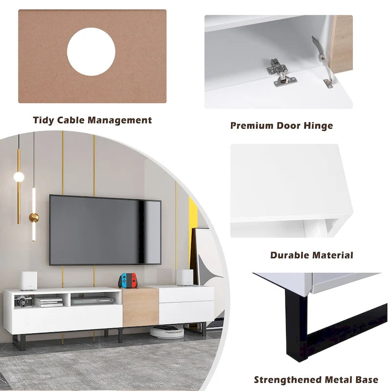 Meuble TV de 180 cm avec porte abattante, tiroirs et étagères ouvertes