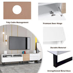 Meuble TV de 180 cm avec porte abattante, tiroirs et étagères ouvertes