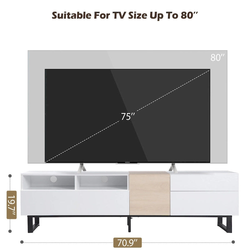 Meuble TV de 180 cm avec porte abattante, tiroirs et étagères ouvertes