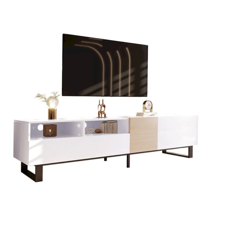Meuble TV de 180 cm avec porte abattante, tiroirs et étagères ouvertes
