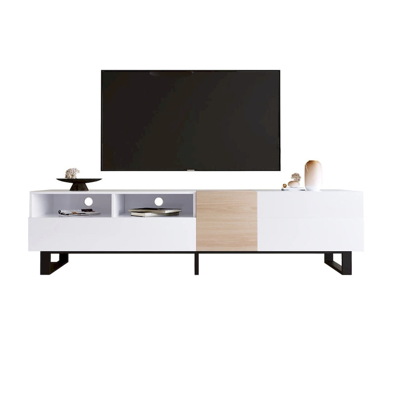 Meuble TV de 180 cm avec porte abattante, tiroirs et étagères ouvertes