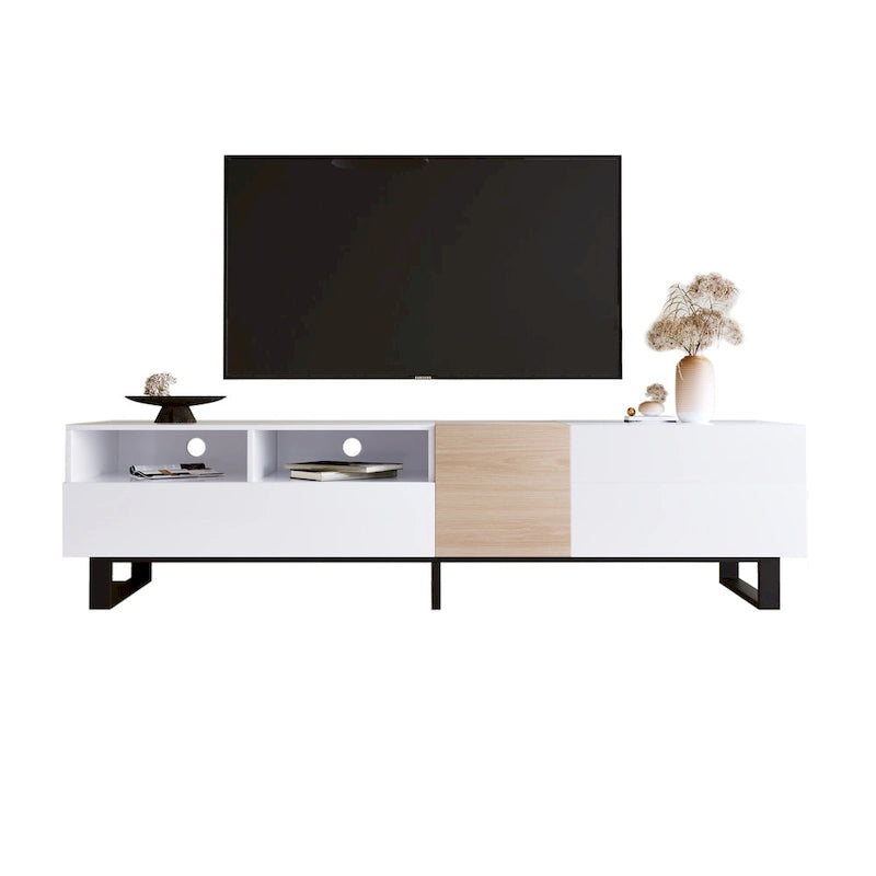 Meuble TV de 180 cm avec porte abattante, tiroirs et étagères ouvertes