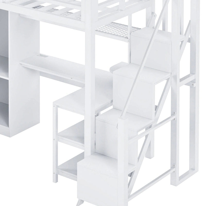 Lit mezzanine en métal avec bureau, armoire et escalier marchettes – Taille double/simple avec ports USB et étagère à 5 niveaux