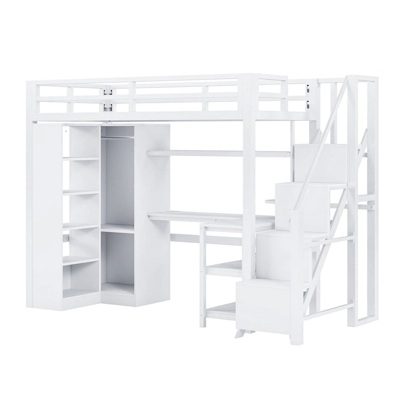Lit mezzanine en métal avec bureau, armoire et escalier marchettes – Taille double/simple avec ports USB et étagère à 5 niveaux