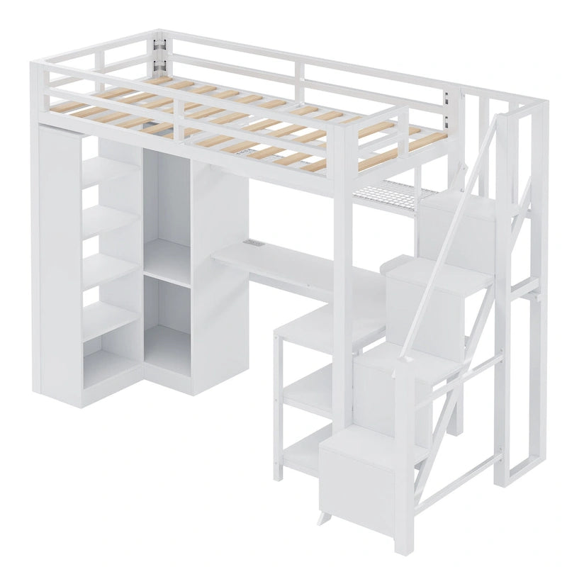 Lit mezzanine en métal avec bureau, armoire et escalier marchettes – Taille double/simple avec ports USB et étagère à 5 niveaux