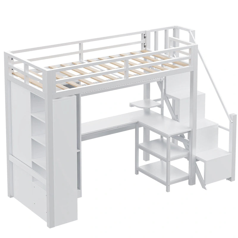 Lit mezzanine en métal avec bureau, armoire et escalier marchettes – Taille double/simple avec ports USB et étagère à 5 niveaux