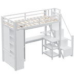Lit mezzanine en métal avec bureau, armoire et escalier marchettes – Taille double/simple avec ports USB et étagère à 5 niveaux