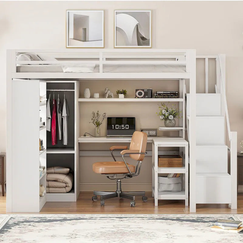 Lit mezzanine en métal avec bureau, armoire et escalier marchettes – Taille double/simple avec ports USB et étagère à 5 niveaux