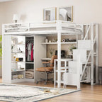 Lit mezzanine en métal avec bureau, armoire et escalier marchettes – Taille double/simple avec ports USB et étagère à 5 niveaux