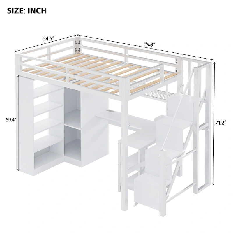 Lit mezzanine en métal avec bureau, armoire et escalier marchettes – Taille double/simple avec ports USB et étagère à 5 niveaux