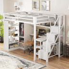 Lit mezzanine en métal avec bureau, armoire et escalier marchettes – Taille double/simple avec ports USB et étagère à 5 niveaux