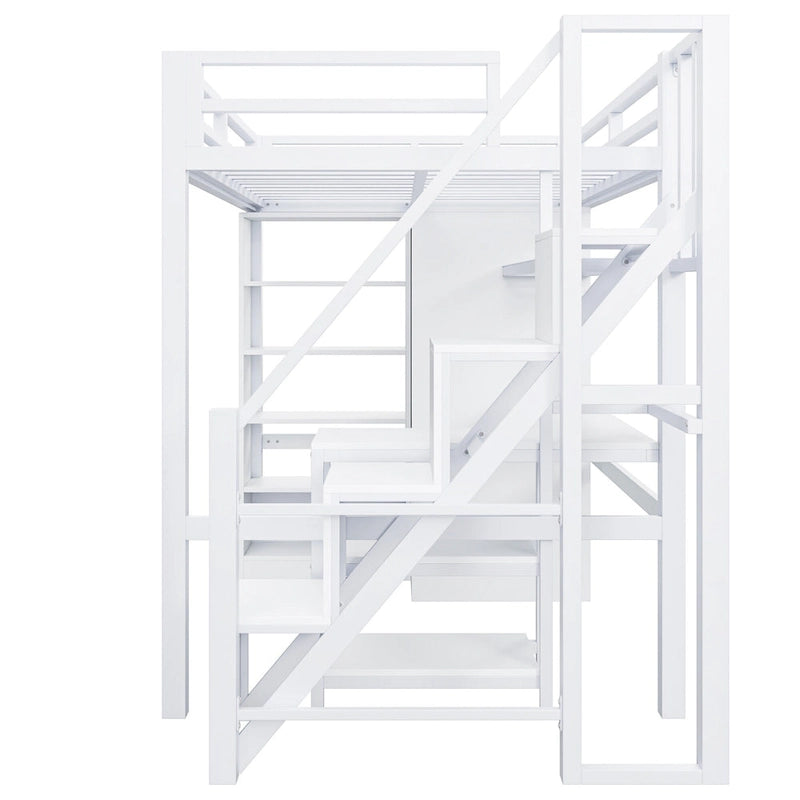 Lit mezzanine en métal avec bureau, armoire et escalier marchettes – Taille double/simple avec ports USB et étagère à 5 niveaux