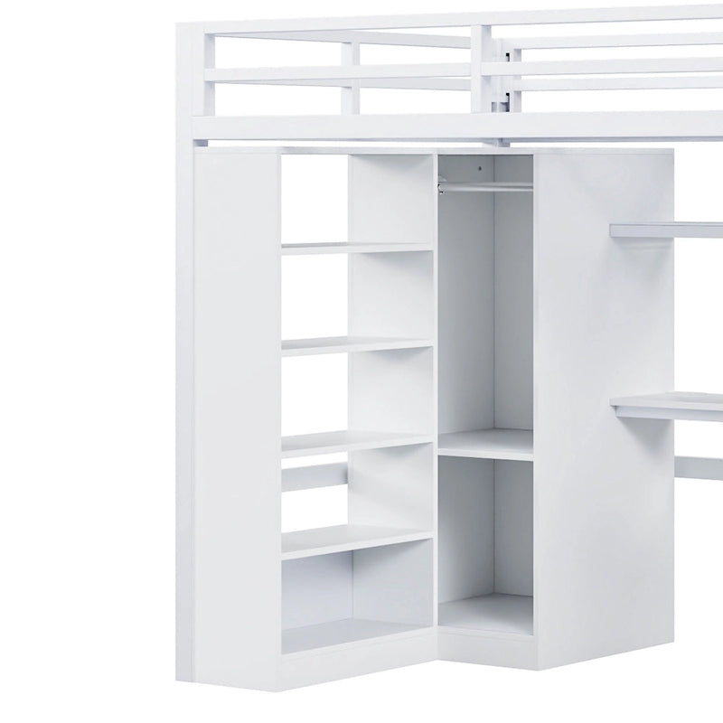 Lit mezzanine en métal avec bureau, armoire et escalier marchettes – Taille double/simple avec ports USB et étagère à 5 niveaux