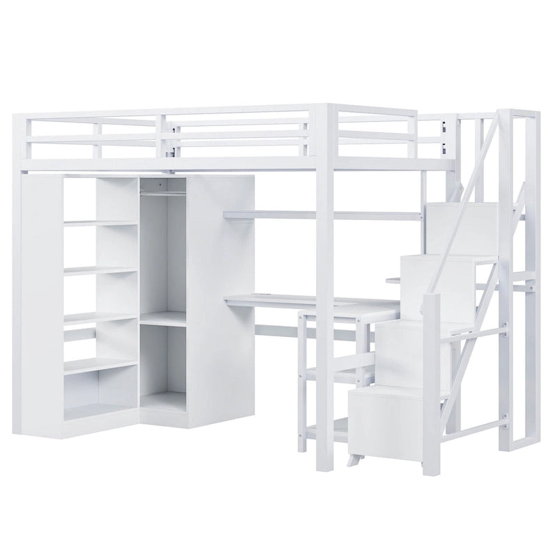 Lit mezzanine en métal avec bureau, armoire et escalier marchettes – Taille double/simple avec ports USB et étagère à 5 niveaux