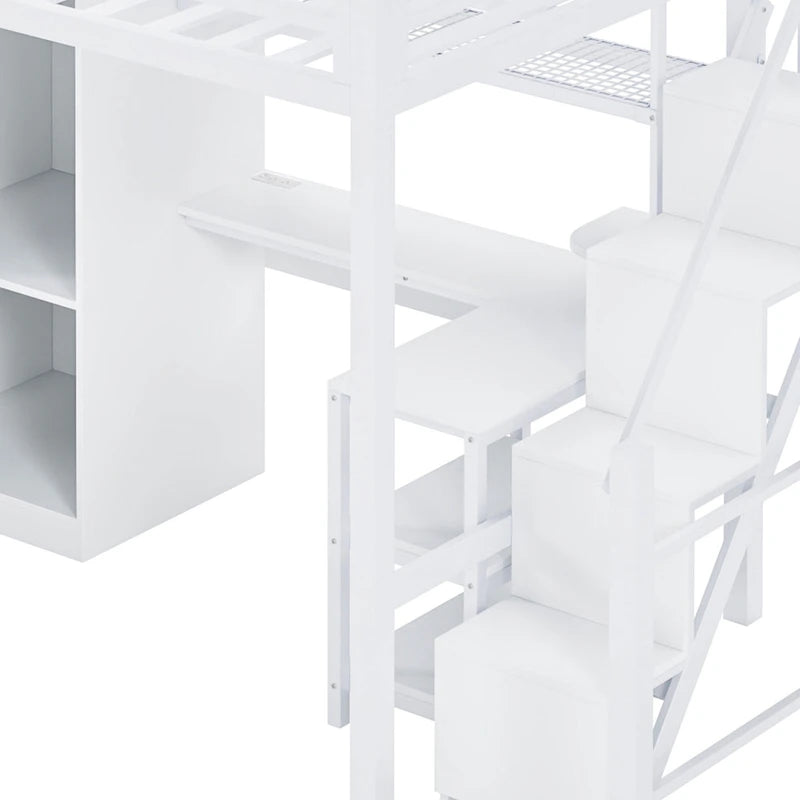 Lit mezzanine en métal avec bureau, armoire et escalier marchettes – Taille double/simple avec ports USB et étagère à 5 niveaux