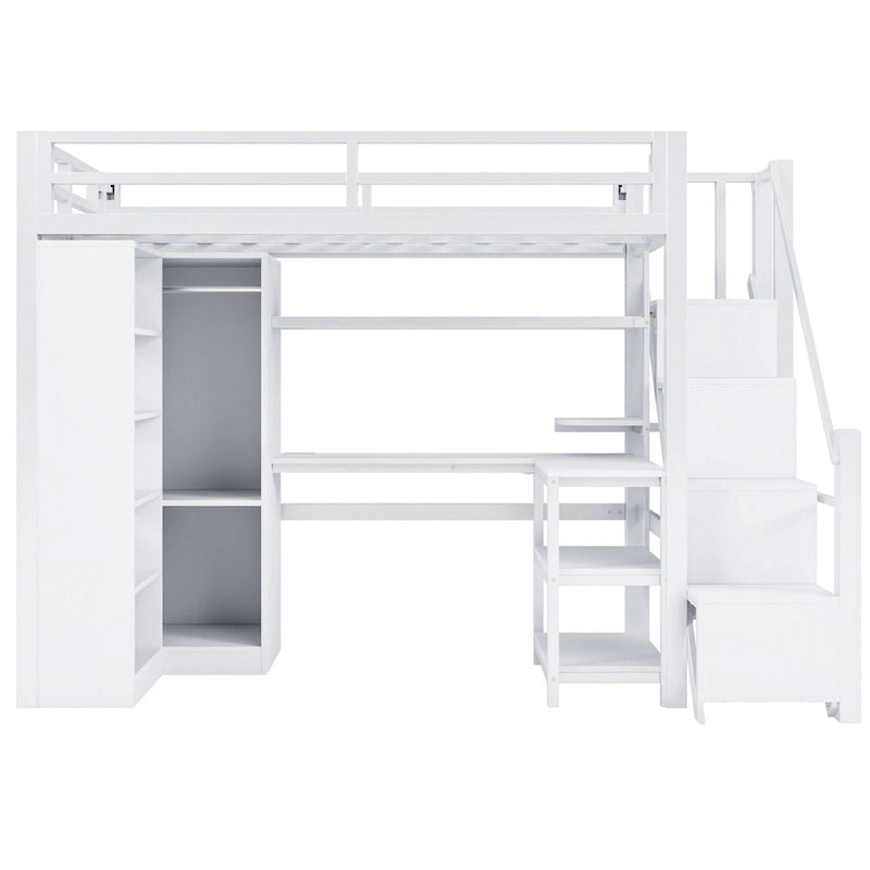 Lit mezzanine en métal avec bureau, armoire et escalier marchettes – Taille double/simple avec ports USB et étagère à 5 niveaux