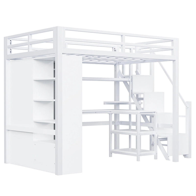 Lit mezzanine en métal avec bureau, armoire et escalier marchettes – Taille double/simple avec ports USB et étagère à 5 niveaux
