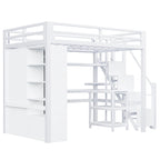 Lit mezzanine en métal avec bureau, armoire et escalier marchettes – Taille double/simple avec ports USB et étagère à 5 niveaux