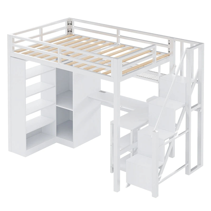 Lit mezzanine en métal avec bureau, armoire et escalier marchettes – Taille double/simple avec ports USB et étagère à 5 niveaux